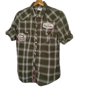 Harley Davidson Motorcycles Shirt M Brown Plaid Pearl Snap Roll Tab Short Sleeve